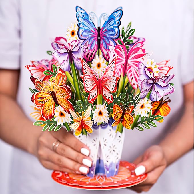Paper Love HugePop Flower Bouquet Pop Up Cards 2 Pack - Includes 1 Heart Bouquet and 1 Butterfly Bouquet, Gift For Mothers Day, Birthday, Valentines Day, All Occasions - Jumbo 10" x 14" Card