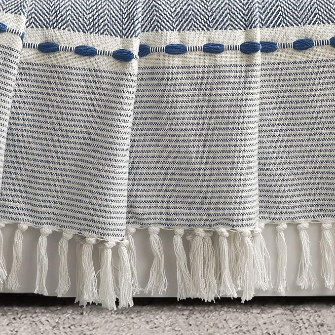 Lush Decor Herringbone Stripe Woven Tassel Yarn Dyed Cotton Tassel Throw Blanket 50" W x 60" L Navy & White - Striped Throw Blankets - Blue Couch Blanket