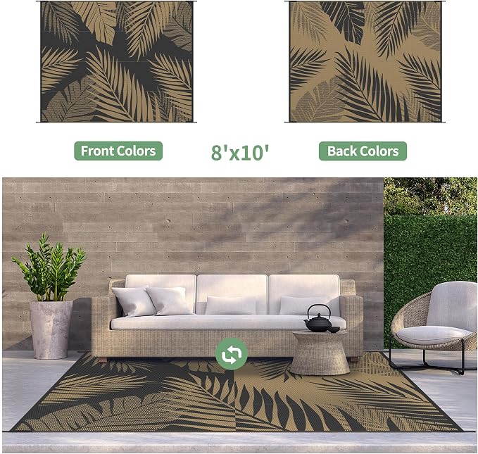 GENIMO Outdoor Rug, Waterproof Plastic Rugs for Patio, 8'x10' Black Brown | Outside Larger Leaf Carpet Mat for Porch Decor, Deck, Balcony, Camping, RV, Backyard, Picnic, Beach, Reversible, Foldable