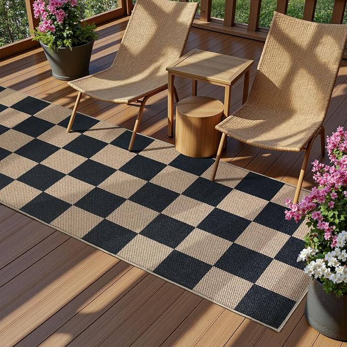 EDIMENS 2x6 Checkered Easy Jute Washable Kitchen Indoor Outdoor Runner Rug | Non Slip Front Door Runner Rug for Laundry Balcony Low Pile Rugs Black Checkerboard Carpet for Hallway 6ft Entry