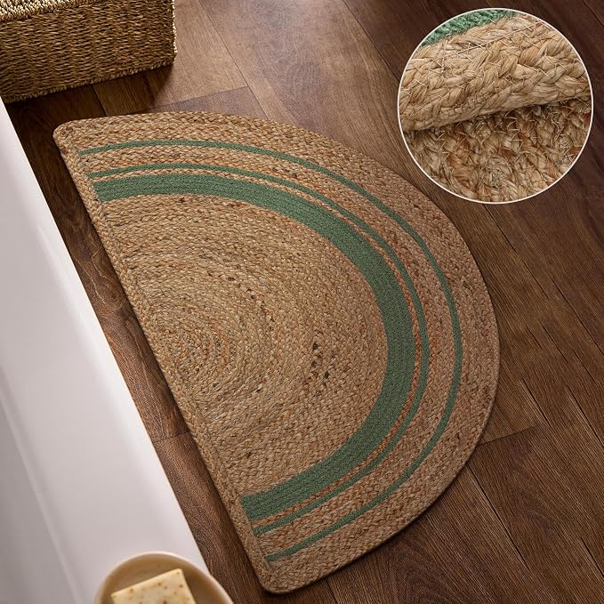 Boho Braided 1.5x3 Area Rug - Jute Natural Fiber Half Round Rug for Living Room Entryway, Farmhouse, Home, Indoor Rugs Jute Door mat for Bathroom, Kitchen (Green Natural, 1.5 X 3 ft)