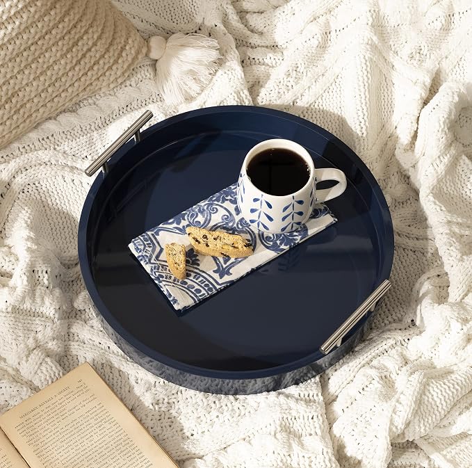 Kate And Laurel Lipton Modern Round Tray; 15.5 Diameter; Navy and Silver; Decorative Accent Tray for Storage and Display