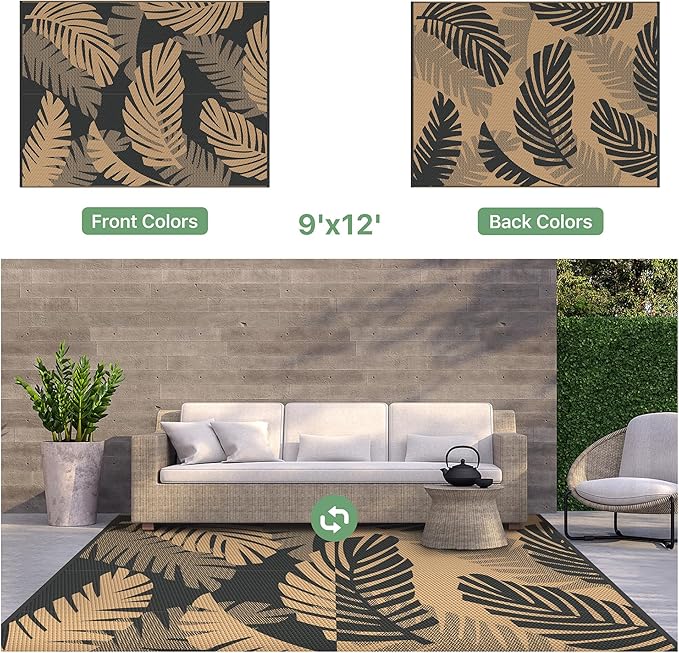 GENIMO Outdoor Rug, Waterproof Plastic Rugs for Patio, 9'x12' Black Brown | Outside Larger Leaf Carpet Mat for Porch Decor, Deck, Balcony, Camping, RV, Backyard, Picnic, Beach, Reversible, Foldable