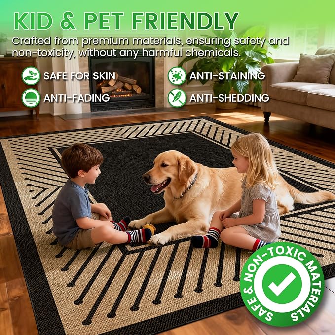 Washable Modern Easy Jute Rug 5x7, Striped Geometric Outdoor Indoor Patio Farmhouse Large Bordered Rugs, Woven Non Slip Thin Carpet Mat for Living Dining Room Bedroom Classroom Kids Nursery