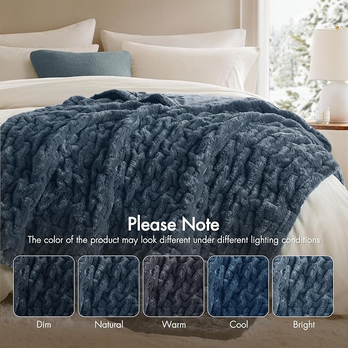 Madison Park Ruched Fur Throw Faux Fur Blanket, 50" x 60", Slate Blue | Luxury, Premium, Soft Cozy Brushed Long Pile, All Season Plush Modern OEKO- TEX Certification Warm For Bed, Couch or Sofa