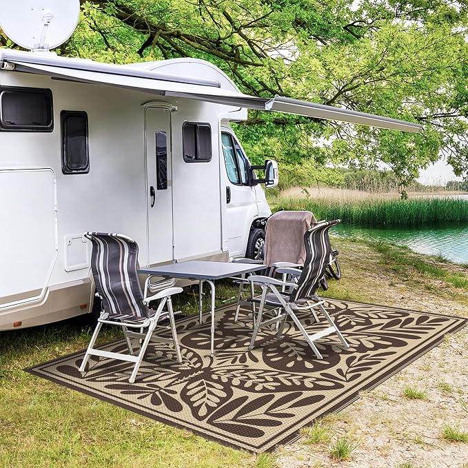 GENIMO Outdoor Rug, Waterproof Plastic Rugs for Patio, 6'x9' Latte Beige | Outside Larger Leaf Carpet Mat for Porch Decor, Deck, Balcony, Camping, RV, Backyard, Picnic, Beach, Reversible, Foldable