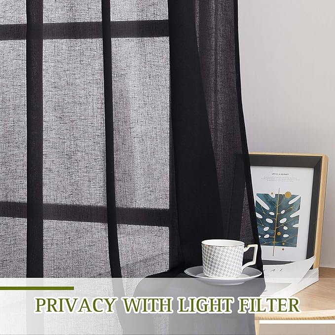 NICETOWN Black Sheer Curtains 84 inches Long, Grommet Semi Sheer Linen Drapes - Image 3