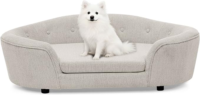 Dog Couch Bed with Oval Semi-Enclosed, Durable Linen Material Pet Sofa with Soft Foam Cushion, Dog Sofa Bed with Legs for Medium Dogs, Beige