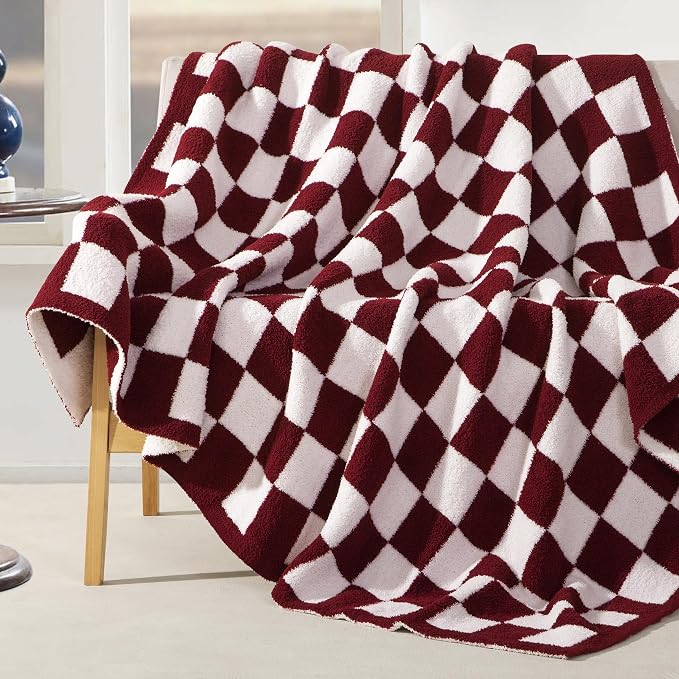 Elegant Comfort Checkered Throw Blanket, Burgundy Super Soft Cozy Fluffy Warm Throw Blankets for Couch, Sofa, Chair, Bed, Camping, Picnic, Travel Lightweight Bed Blanket (50" x 70")