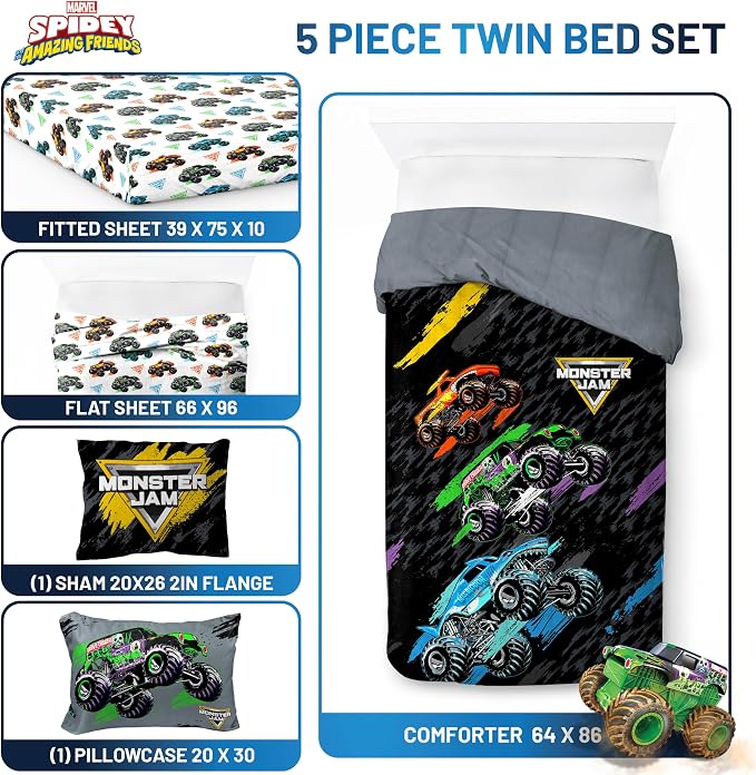 Monster Jam Trucks Twin Comforter Set 5 Piece Kids Bedding for Boys, Black | Grave Digger Megalodon, Comforter Sheets Sham Pillowcase, Official Product, Soft Microfiber, Machine Washable, Boys Gift