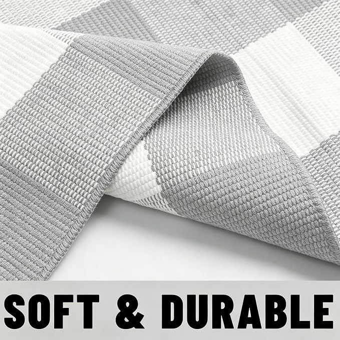 Buffalo Plaid Outdoor Rug 3x5 Ft Gray and White Checkered Area Rug Washable Doormats Indoor Outdoor Rugs for Layered Front Door Mats, Porch, Entryway, Kitchen, Farmhouse