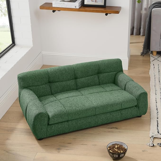 38" Dog Sofa Couch Bed for Small, Medium, Large Dogs, Soft Memory Foam Pet Sofa with Durable Linen Fabric, Comfortable Pet Couch with Backrest and Armrests, Easy to Clean and Maintain（Green）