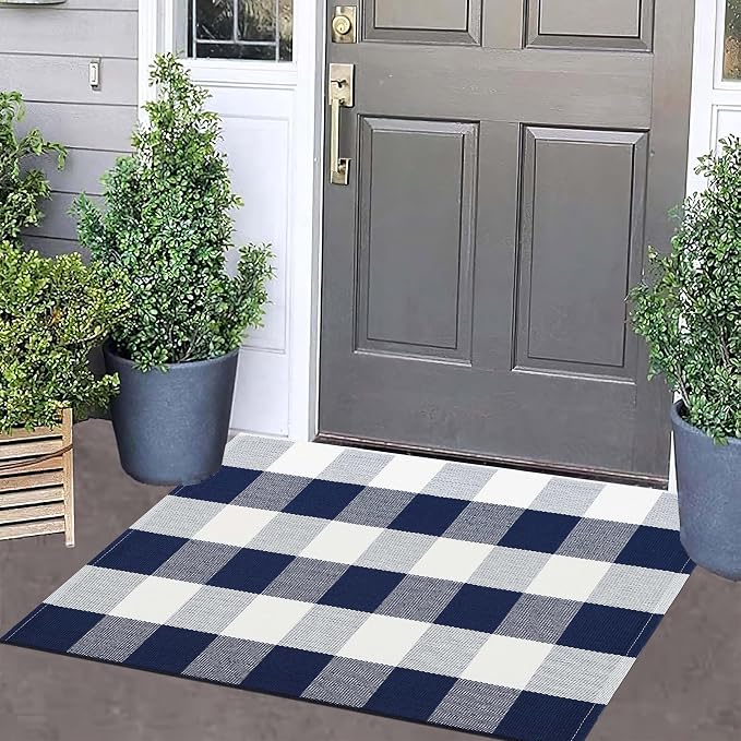 Front Door Mat Outdoor 24''x35''Blue and White Buffalo Plaid Area Rug Machine Washable Cotton Woven Layering Doomat for Hello/Welcome Mat Porch，Kitchen,Farmhouse,Entryway,Bedroom