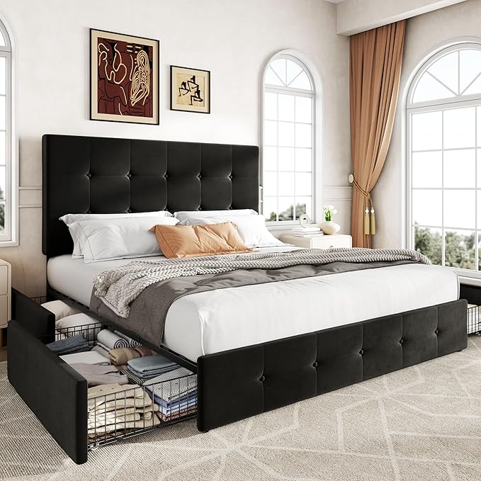 Allewie Upholstered Full Size Platform Bed Frame with 4 Storage Drawers and Adjustable Headboard, Square Button Tufted, Wooden Slats Support, Noise-Free, No Box Spring Needed, Easy Assembly, Black
