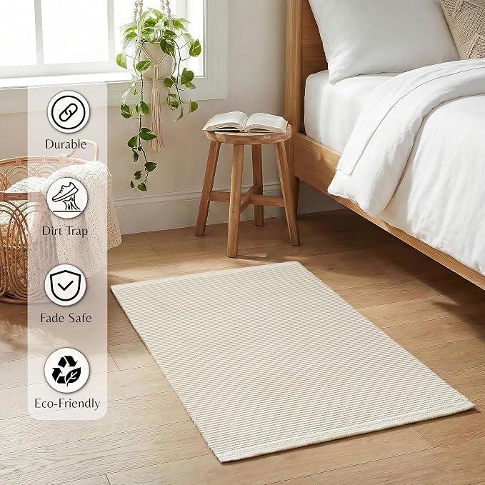 THE BEER VALLEY Woven Entryway Rug 2x3 Feet - Ivory | Non Slip Kitchen Indoor Throw Door Mat for Bedroom, Washable Outdoor Low Pile Patio Cream Rugs