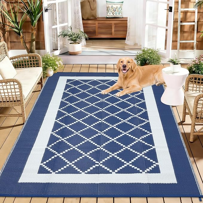 Outdoor Rug 9x18ft Waterproof Reversible Modern Diamond Plastic Straw Mat UV & Weather Resistant Easy Clean Camping Carpet for Patio Garden Deck Camper Beach Color: Navy