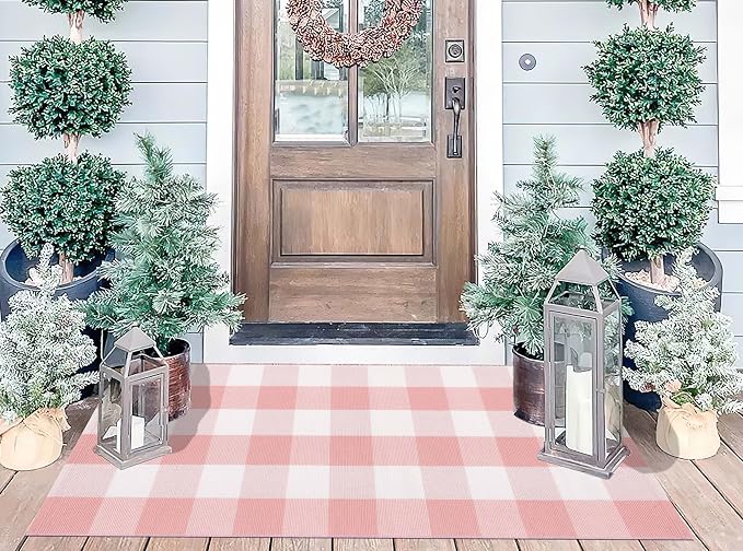 Pink and White Buffalo Outdoor Rug 24''x51''Checkered Plaid Front Porch Rug Cotton Woven Machine Washable Door Mat Outdoor for Layered Doormat Hello Welcome Door Mat Kitchen Farmhouse Entryway