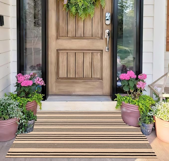 Front Outdoor Door Mat 2'x3',Tan Black Striped Outdoor Rug Machine Washable Cotton Layered Door Mat Entryway Throw Rug for Indoor Entrance