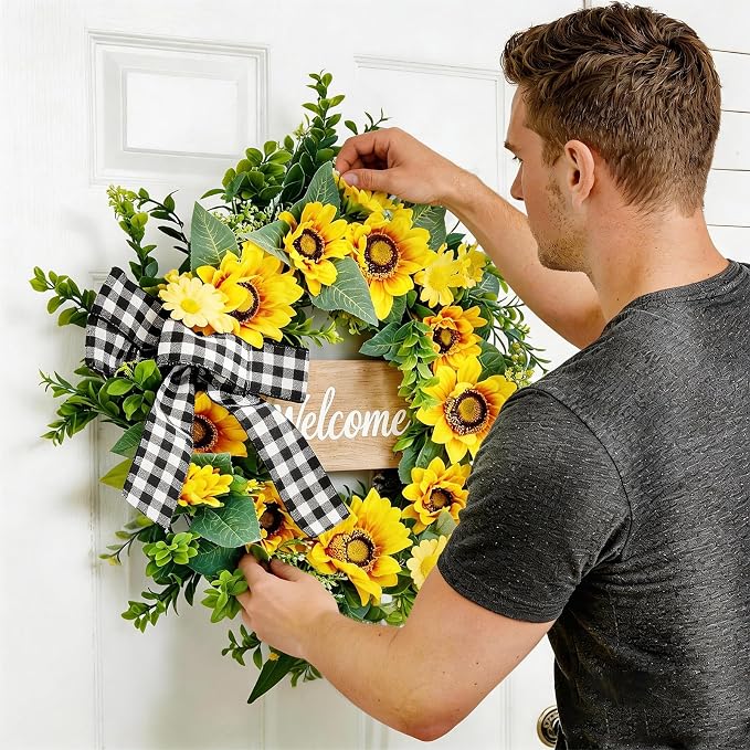 Garvee 20 Inch Sunflower Wreath with Welcome Sign, Spring Summer Wreaths for Front Door with Yellow Blooms and Buffalo Plaid Bow, for Farmhouse Porch Window Wall Home Decor