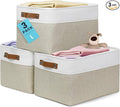 OrganiHaus 15x11in Canvas Storage Baskets 3 Pack - Fabric Bins for Shelves | Vegan leather handles; a decorative closet organizer for clothes, shoes, or toys; bedroom container