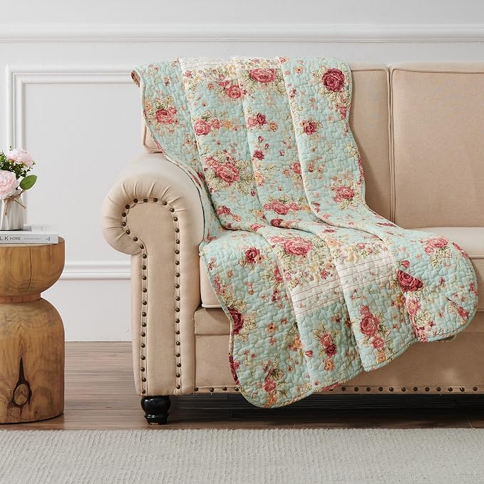 Greenland Home Fashions Antique Rose - Classic Traditional Floral - 100% Cotton Quilted Throw Blanket, 50 x 60 inches, Blue