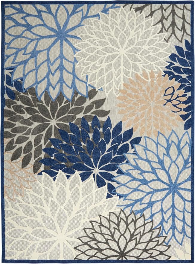 Nourison Home Aloha Indoor/Outdoor Blue/Multicolor 9' x 12' Area Rug, Tropical, Botanical, Easy Cleaning, Non Shedding, Bed Room, Living Room, Dining Room, Deck, Backyard, Patio (9x12)