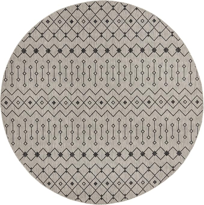 Unique Loom Outdoor Trellis Collection Area Rug - Tribal Trellis (10' 8" Round, Gray/ Black)