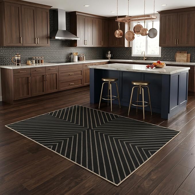 Garvee Striped Easy Jute Outdoor Patio Rug, 3x5 Washable Rugs for Entryway Porch, Non Slip Farmhouse Neutral Non Shedding Indoor Outdoor Carpet for Entry Kitchen Guestroom Deck Foyer 3'x5' Black