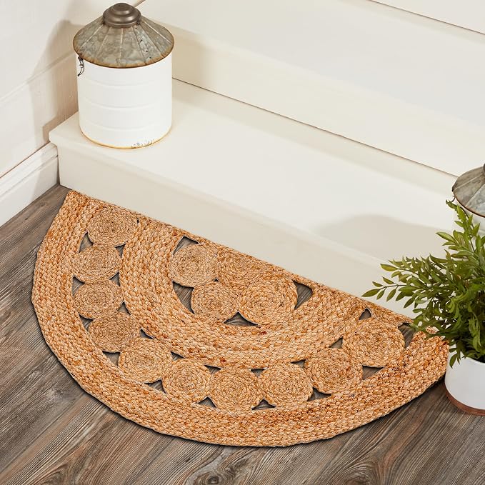 Boho Braided 1.5x3 Area Rug - Jute Natural Fiber Half Round Rug for Living Room Entryway, Farmhouse, Home, Indoor Rugs Jute Door mat for Bathroom, Kitchen (1.5 X 3 ft)