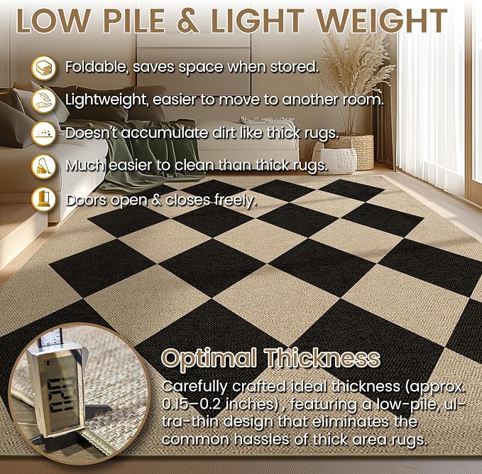 Washable Checkered Easy Jute Runner Rug 2x6, Black Checkerboard Boho Geometric Outdoor Indoor Patio Rug, Woven Non Slip Thin Neutral Long Runner Carpet for Hallway Kitchen 6ft Entryway Porch