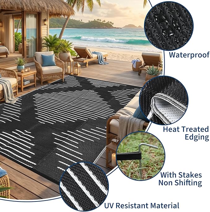 Garvee Waterproof Outdoor Area Rug 9x12 Plastic Reversible Rug for Patio Decor Easy-Cleaning Large Floor Mat for Camping RV Porch Deck Backyard Balcony Picnic Black White