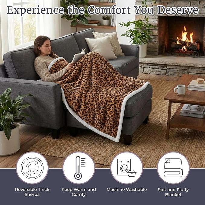 Sherpa Fleece Throw Blanket - 50x60-Inch Machine-Washable Reversible Throw - Fluffy Blankets for Couch, Chair, or Bed by Lavish Home (Leopard)