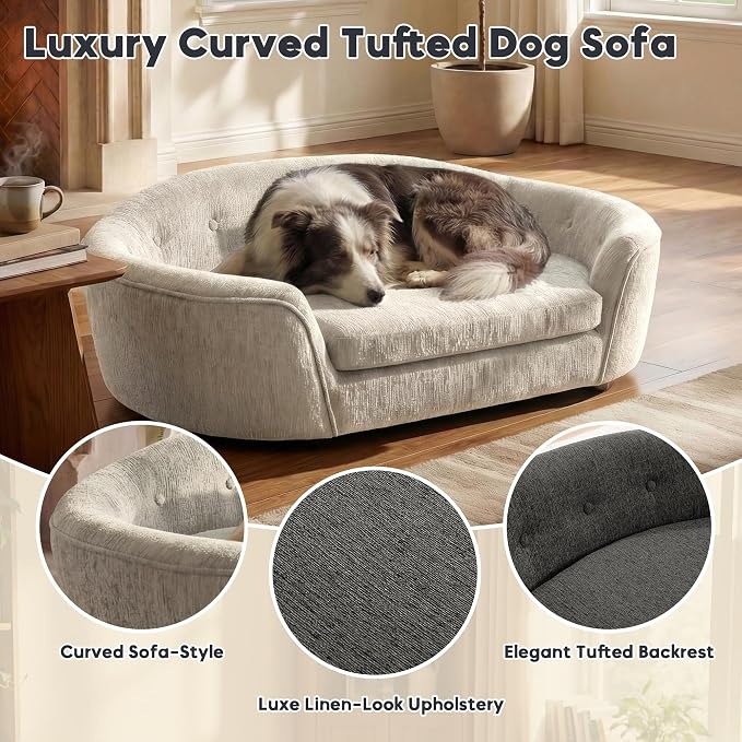 Dog Couch Bed with Oval Semi-Enclosed, Durable Linen Material Pet Sofa with Soft Foam Cushion, Dog Sofa Bed with Legs for Medium Dogs, Beige