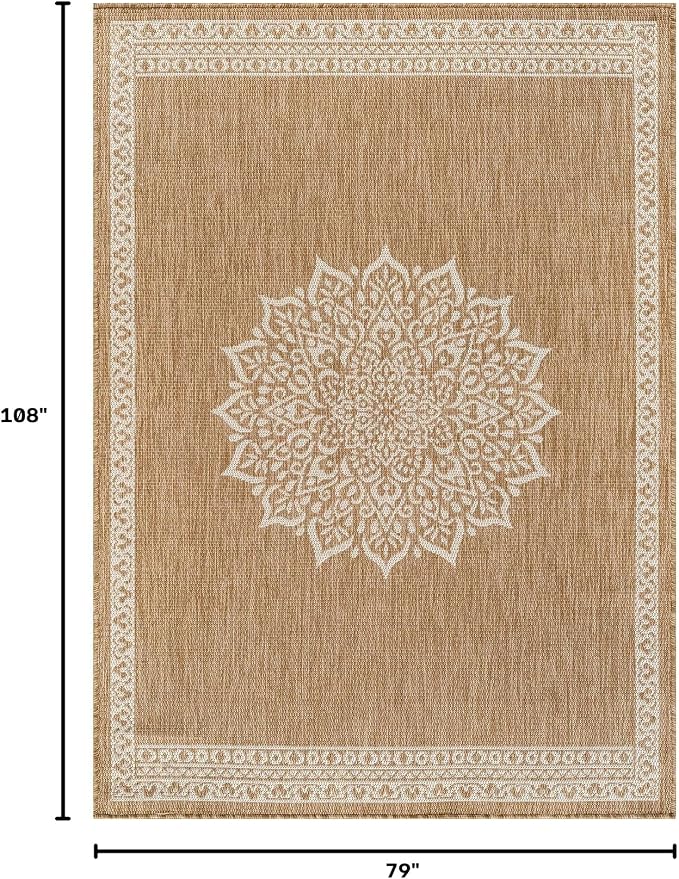 CAMILSON Outdoor Rug 6x9 Medallion Natural Modern Area Rugs for Indoor and Outdoor Patios Kitchen and Hallway Mats Washable Porch Deck Outside Carpet (Medallion Natural 6 x 9)