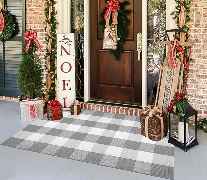 Buffalo Plaid Layered Doormat 27.5''X 43.3''Checkered Front Porch Rug Cotton Woven Washable Layering Doormat for Welcome Hello Door Mat Entryway Bedroom Living Room