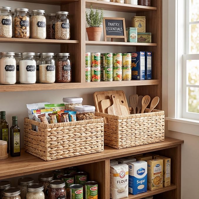 GRANNY SAYS Wicker Storage Baskets for Shelves, Wicker Baskets for Organizing, Water Hyacinth Woven Basket for Storage, Rectangle Basket for Pantry, Laundry, 2-Pack