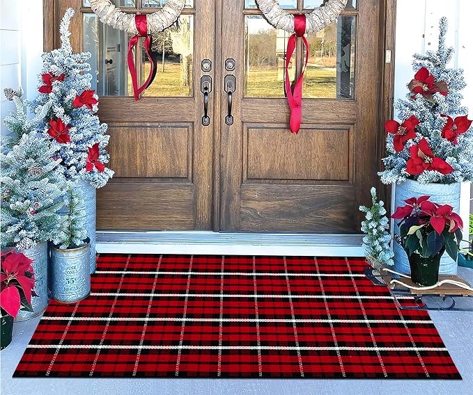 Christmas Outdoor Rugs 24 x 51''Black Red Buffalo Plaid Front Porch Rug Hand-Woven Machine Washable Indoor/Outdoor Layered Door Mats for Entryway/Bedroom/Outdoor
