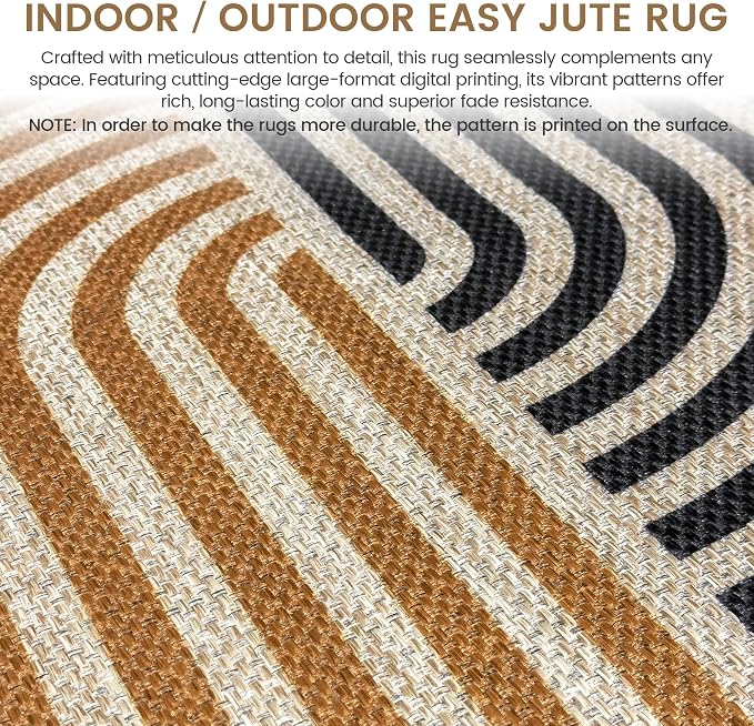 Washable Modern Easy Jute Runner Rug 2x6, Neutral Abstract Boho Geometric Outdoor Indoor Patio Area Rug, Woven Non Slip Thin Long Runner Carpet Mat for Hallway Kitchen Entryway Porch Farmhouse