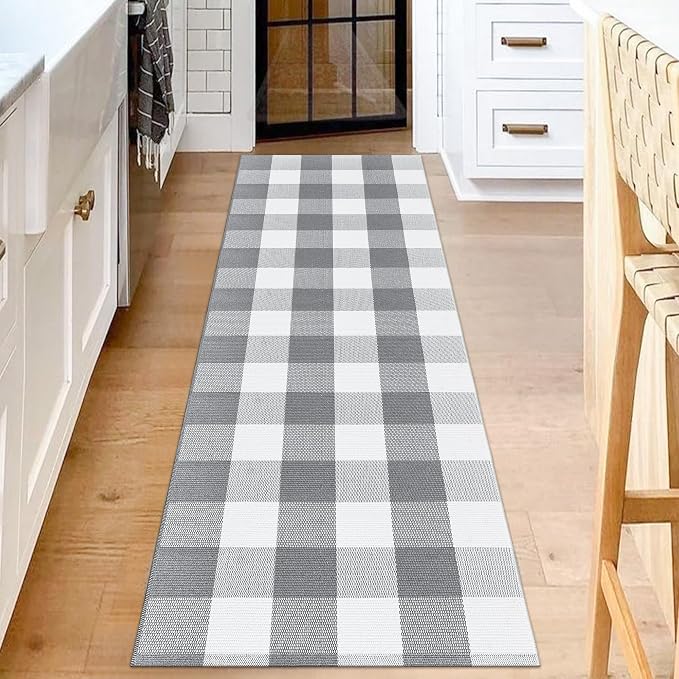 Buffalo Plaid Runner Rug 2x6 Feet Grey and White Checkered Runner Rug Cotton Woven Farmhouse Floor Mat Washable Rugs for Hallway Kitchen Laundry Bedroom Living Room