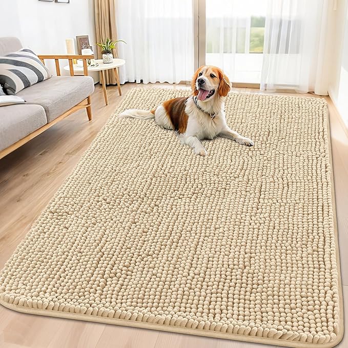 Smiry Dog Door Mat for Muddy Paws 70x35, Absorbent Dirt Trapper, Non-Slip Washable Chenille Entryway Rug for Inside Floor, Beige, Classic Solid