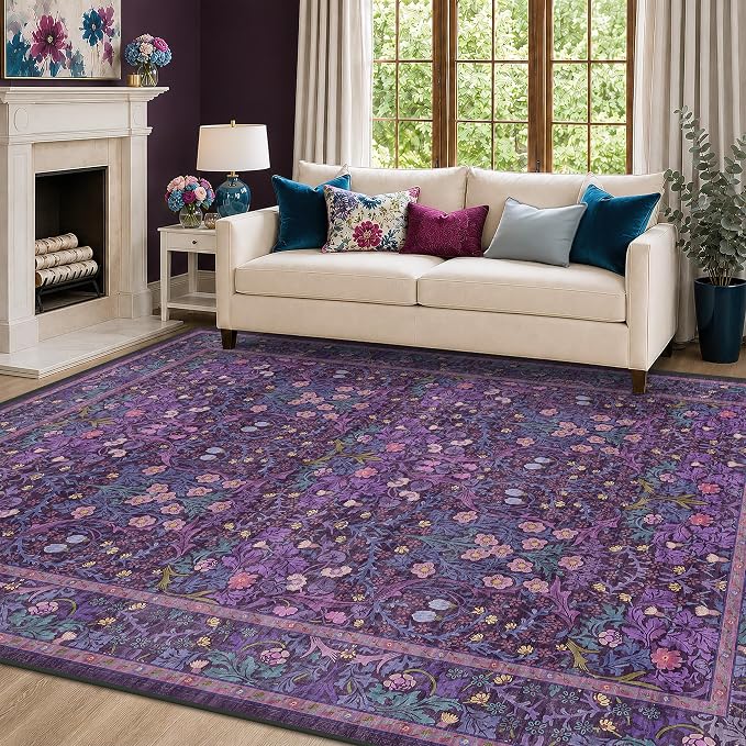 Boho Dark Purple 6x9 Living Room Area Rug, Washable Floral Bedroom Carpet, Oriental Large Violet Area Rug for Dining Room Under Table, Non-Slip Stain Resistant