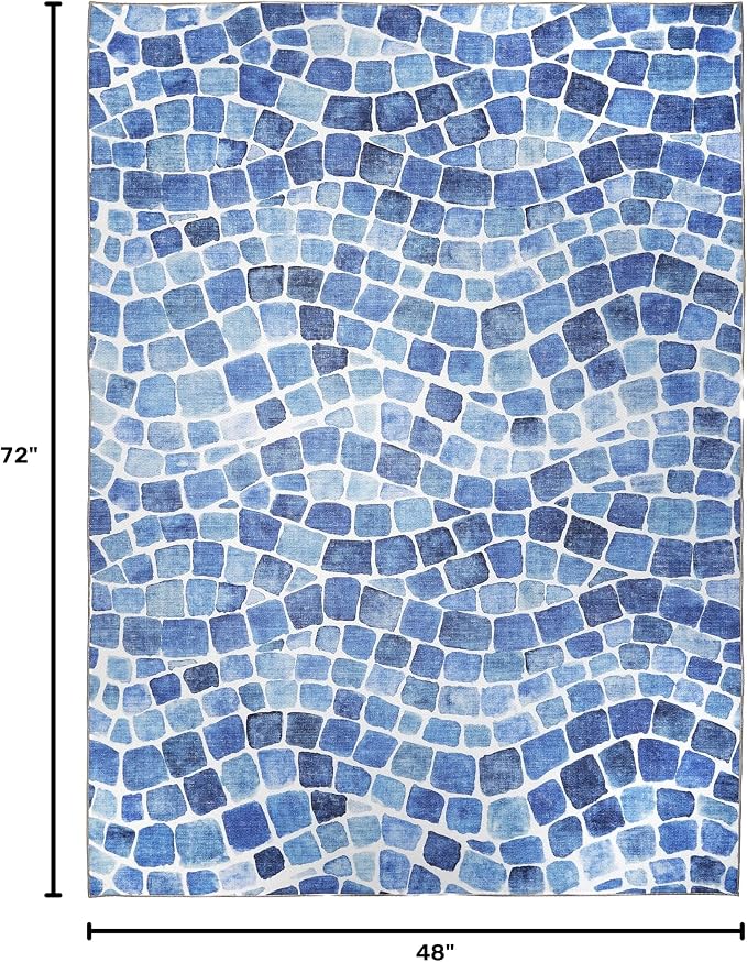 ReaLife Rugs Machine Washable Indoor Outdoor - Mat Rug Foldable Printed Thin Lightweight Cushioned Fade Resistant Patio Deck Dock Porch Pool Balcony Camping - Emery- Blue 4' x 6'