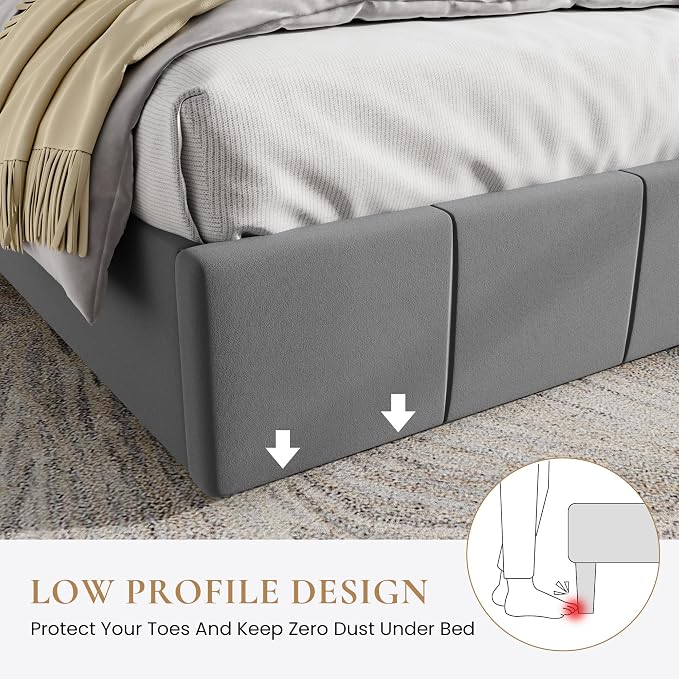 SHA CERLIN Queen Bed Frame, Velvet Upholstered Platform Bed, Vertical Channel Tufted Adjustable Headboard, Low Profile Bed Frame, No Box Spring Needed, Easy Assembly, Grey