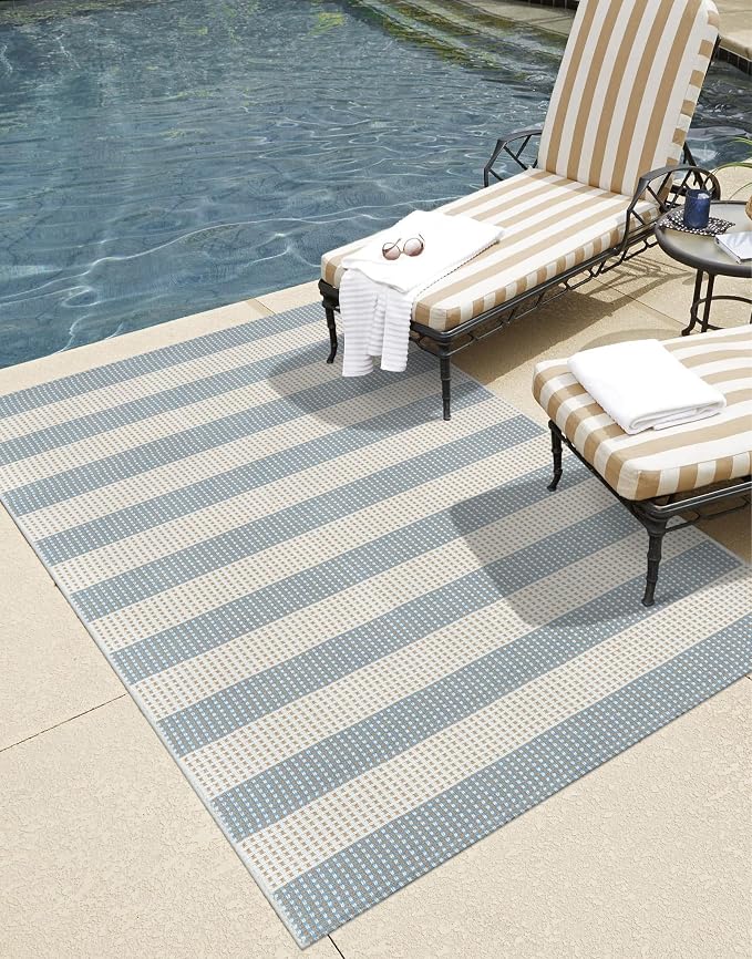LEEVAN Coastal Outdoor Patio Rug 3x5 Washable Striped Front Porch Mat | Spring Colorful Outside Entryway Rug, Woven Welcome Doormat Blue White Tan Buffalo Backyard Layered Mat for Entrance/Doorway