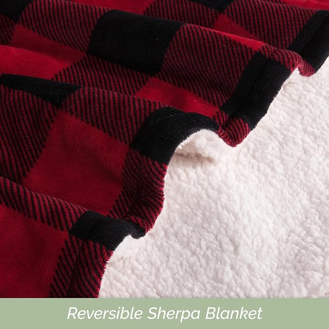 Elegant Comfort Ultra Soft Reversible Buffalo Plaid Flannel Sherpa Blanket - Cozy Silky Checkered Fleece Throw for Couch, Bed - Plush Fuzzy Warm Winter Blanket for Gift, King, Burgundy