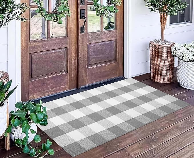 Grey and White Buffalo Plaid Rug 24''x 51''Checkered Outdoor Porch Rug Cotton Woven Machine Washable Farmhouse Mat for Indoor,Outdoor, Kitchen, Farmhouse, Entryway,Bathroom