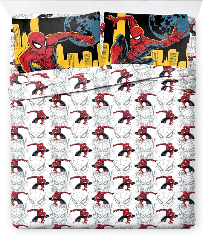 Jay Franco Kids Comforter Set Includes Sheets and Pillow Covers - Soft and Cozy Bed Set for Stylish Room Decor, Official Licensed Bedding, Black - Spiderman, 7 Piece Full