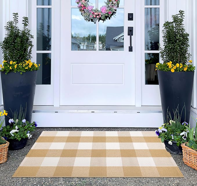 Front Door Mats Outdoor 24''X35'' Khaki and White Layered Doormat Cotton Woven Farmhouse Washable Small Area Rug for Welcome Mat/Entryway/Bedroom/Living Room