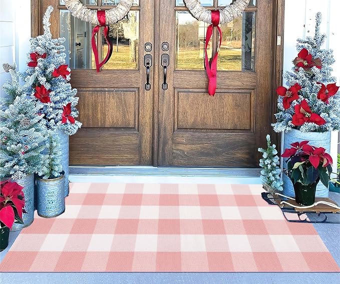 Pink and White Buffalo Outdoor Rug 24''x51''Checkered Plaid Front Porch Rug Cotton Woven Machine Washable Door Mat Outdoor for Layered Doormat Hello Welcome Door Mat Kitchen Farmhouse Entryway