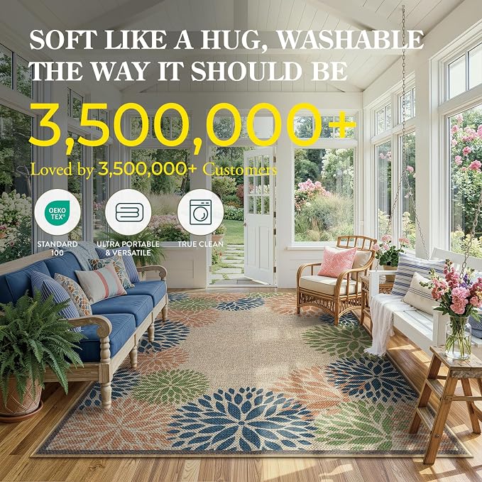 LIVEBOX Modern 3x5 Jute Outdoor Patio Rug, Washable Rugs for Entryway Porch, Tropical Floral Boho Farmhouse Carpet, Non Slip Front Door Mat for Outdoor Indoor Entryway Guestroom Decor (Olive 3'x5')